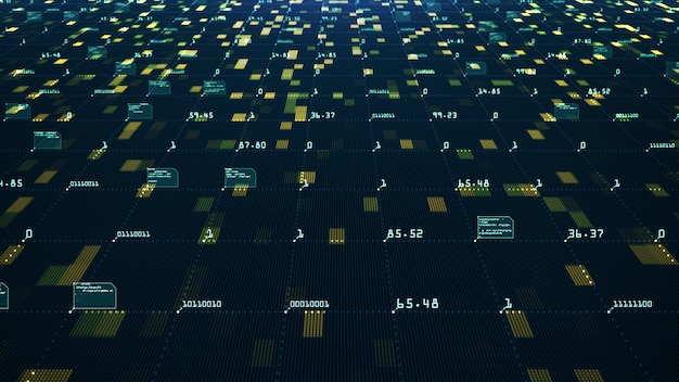 Big data visualisatie concept. algoritmen voor het leren van machines. analyse van informatie. technologiegegevens en binaire codenetwerken die connectiviteit overbrengen. Premium Foto