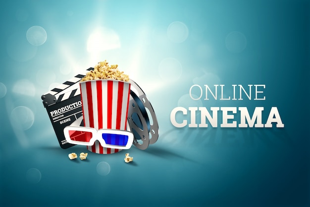 Bioscoop, bioscoopattributen, bioscopen, films, online weergave, popcorn en glazen. Premium Foto