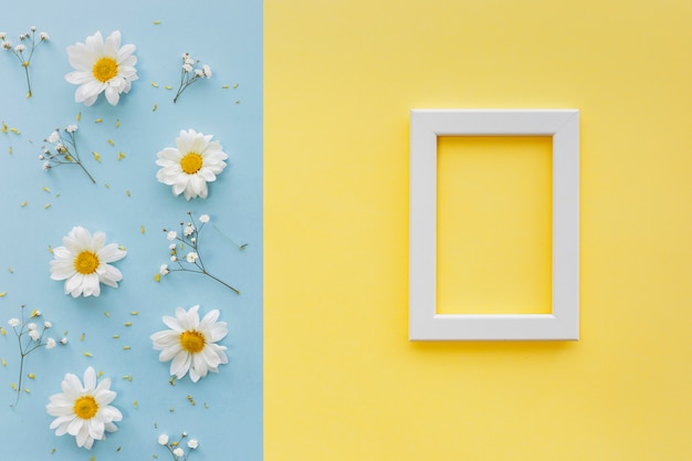 Bloemen; bloemblad en stuifmeel met witte lege afbeeldingsframe op dubbele achtergrond Gratis Foto