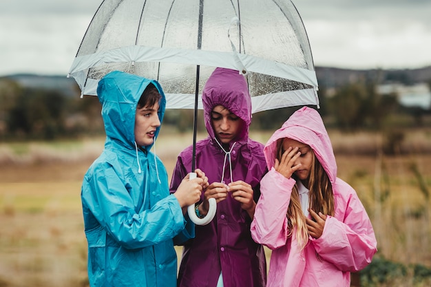 De groep kinderen kleedde zich in regenregenjassen die en in openlucht met een paraplu op een regenachtige dag op hun rit van het gebiedsavontuur lopen spelen Premium Foto