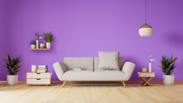 Fonkelnieuw De moderne woonkamer met bank en decoratie heeft violette muur QB-13