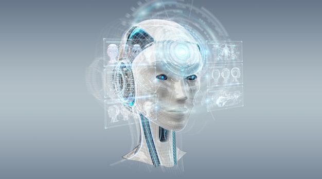 Digitale kunstmatige intelligentie cyborg interface 3d-rendering Premium Foto