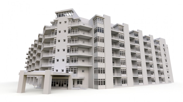 Flatmodel in witte kleur met transparante glazen. appartementenhuis met een binnenplaats. 3d-weergave Premium Foto