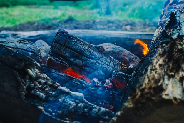 Gesmolten logboeken brandden dicht omhoog in levendige brand. atmosferische achtergrond met oranje vlam van kampvuur. onvoorstelbaar gedetailleerd beeld van vuur van binnenuit met copyspace. rook en gloeiende sintels in de lucht. Premium Foto