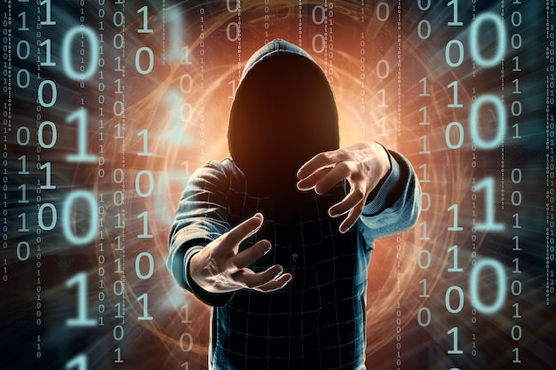 Hacker in de kap hacker aanval silhouet van de man mixed media Premium Foto
