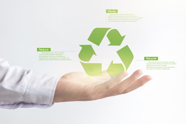 Hand met virtueel effect recycle pictogram, opwarming van de aarde oplossing. Premium Foto