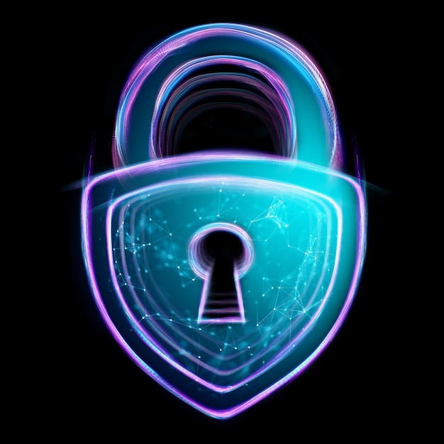 Hologramslot op zwarte achtergrond wordt geïsoleerd die. het concept van beveiliging, veilig, gegevensprivacy, gegevensbescherming, cryptocurrency, cyber otak. Premium Foto