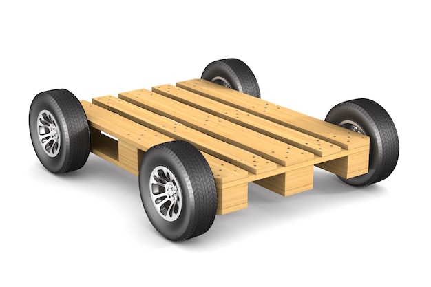 Formulering De layout Uitschakelen Houten pallet met wielen op witte ruimte. geïsoleerde 3d-afbeelding |  Premium Foto