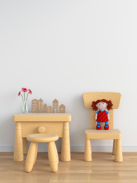 Houten tafel en stoel in witte kinderkamer voor mockup Premium Foto