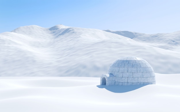 Iglo in snowfield met sneeuwberg, noordpoollandschapsscène, het 3d teruggeven wordt geïsoleerd die Premium Foto