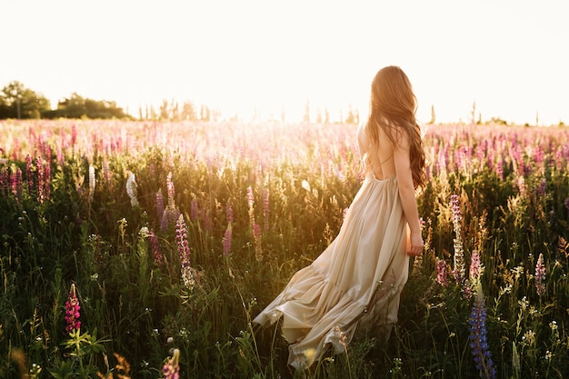 Jonge vrouw die op bloemgebied bij zonsondergang op achtergrond loopt. Gratis Foto