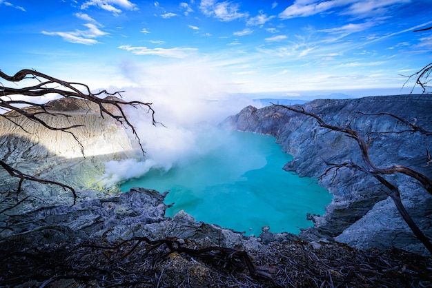 Kawah ijen-vulkaan met dode bomen op blauwe hemelachtergrond in java, indonesië. Premium Foto