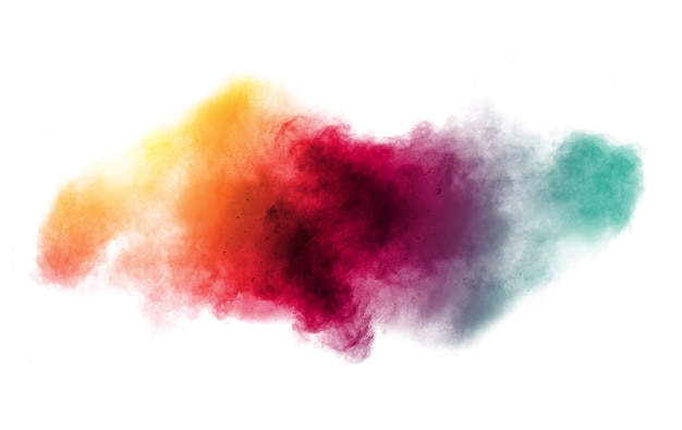 Kleurrijke achtergrond van pastel poeder explosie. multi gekleurde stof splash op witte achtergrond. geschilderde holi. Premium Foto