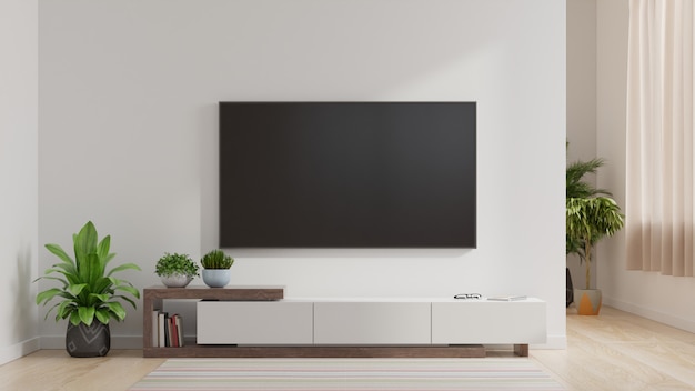 Ledtv aan de witte muur in de woonkamer, minimalistisch design