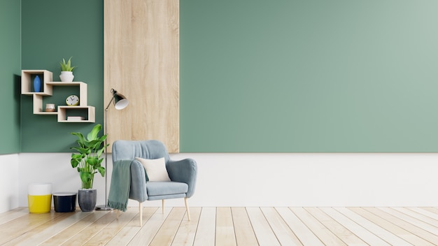 Lege muur in pastel modern interieur met groene en witte muur met blauwe fauteuil en houten planken. | Foto