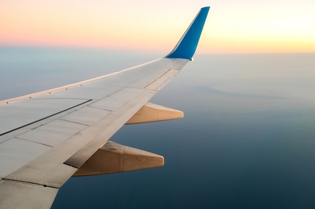 binden Zeeanemoon Beschietingen Mening van vliegtuig op de vliegtuigen witte vleugel die over  oceaanlandschap vliegen in zonnige ochtend. vliegreizen en transport  concept. | Premium Foto