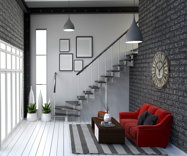 Modern woon- interieur in loftstijl. 3d-rendering Premium Foto