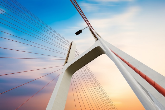 Moderne brugkabels, schemeringlandschap. Premium Foto