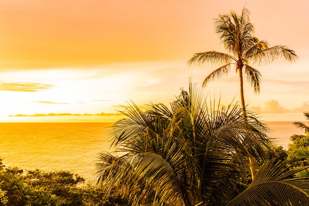 Mooie openlucht tropische strandoverzees rond samuieiland met kokosnotenpalm en andere in zonsondergangtijd Gratis Foto