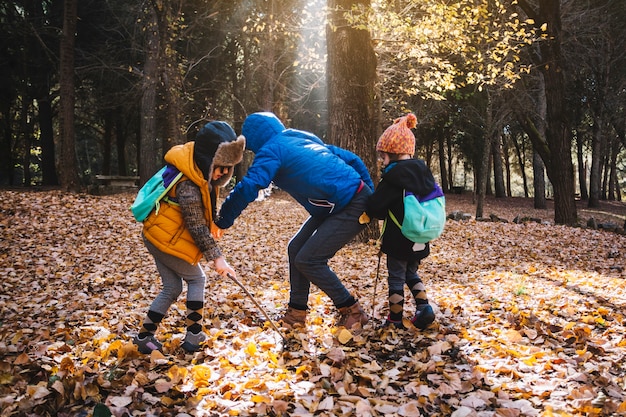 Ouder En Kinderen Spelen In Het Bos Gratis Foto