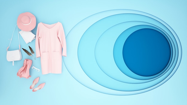 Roze accessoires en blauwe achtergrond Premium Foto