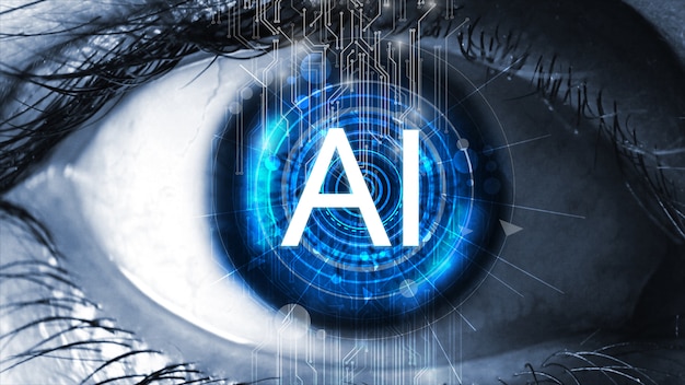 Sensor geïmplanteerd in menselijk oog. kunstmatige intelligentie (ai) concept. Premium Foto