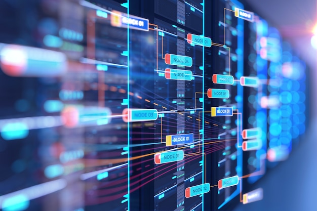 Serverruimte 3d illustratie met knooppunt basis programmering data design element. Premium Foto