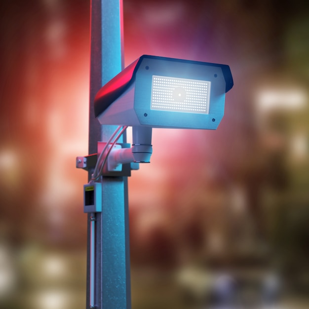 Straatbeveiliging cctv camera filmen van een nacht stad - Premium Foto
