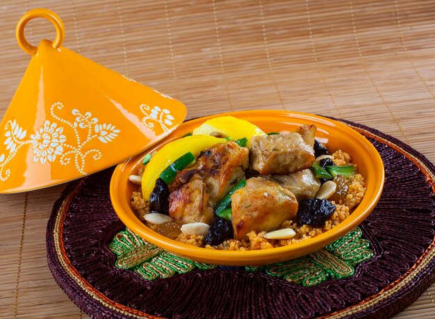 Tajine, marokkaans eten, met couscous, kip en citroen confit. Premium Foto