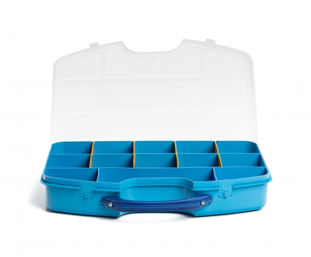 Toolkitdoos op de witte achtergrond wordt geïsoleerd die Premium Foto