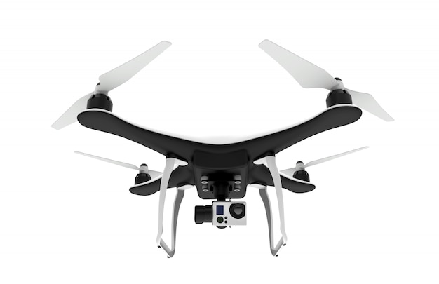 Voorzijde van een drone met digitale camera die op een witte achtergrond vliegt Premium Foto