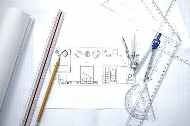 Werkplaats van architect. architecturaal plan, technisch project tekenen, Premium Foto