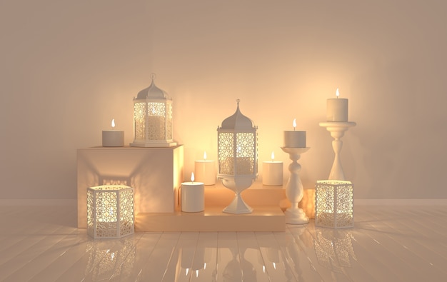 Witte Lantaarn Met Kaars Lamp Met Arabische Decoratie Arabesk Design Premium Foto