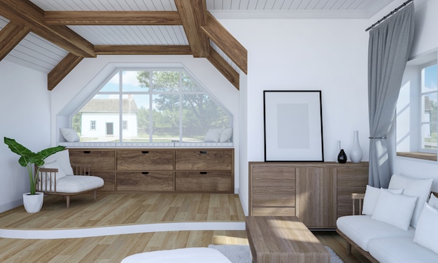 Witte woonkamer interieur met houten meubels en split-level vloer, 3d-rendering Premium Foto