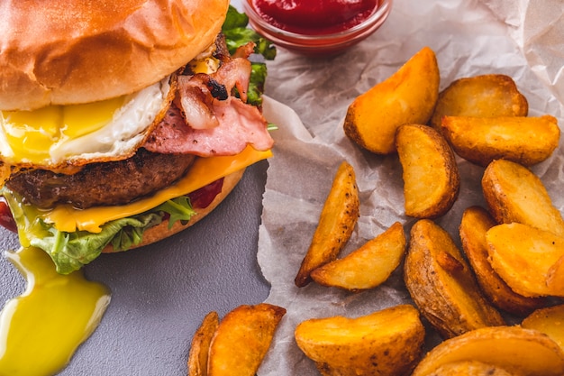 Zelfgemaakte Rundvlees Hamburger Gebakken Ei En Spek Geserveerd ...