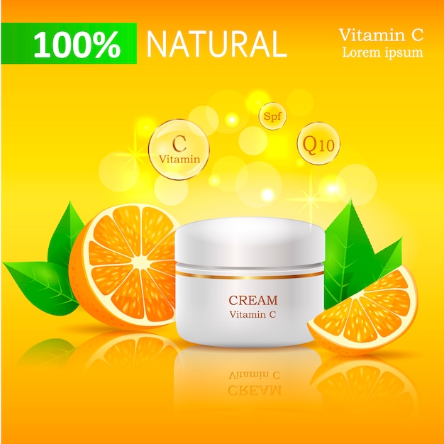 100 natuurlijke crème met vitamine c-afbeelding Premium Vector