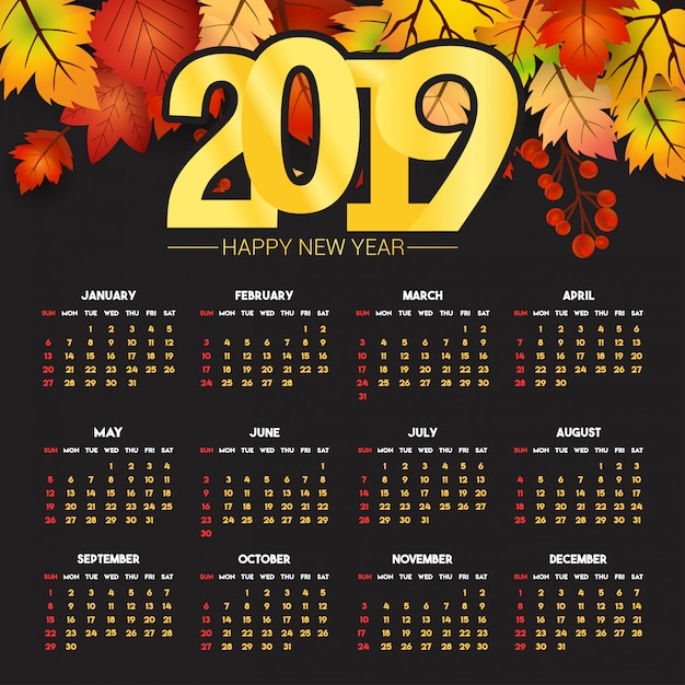 2019 kalenderontwerp met donkere vector als achtergrond Gratis Vector