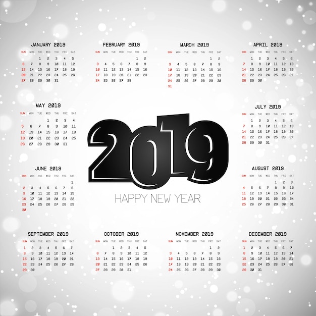 2019 kalenderontwerp met lichte vector als achtergrond Gratis Vector