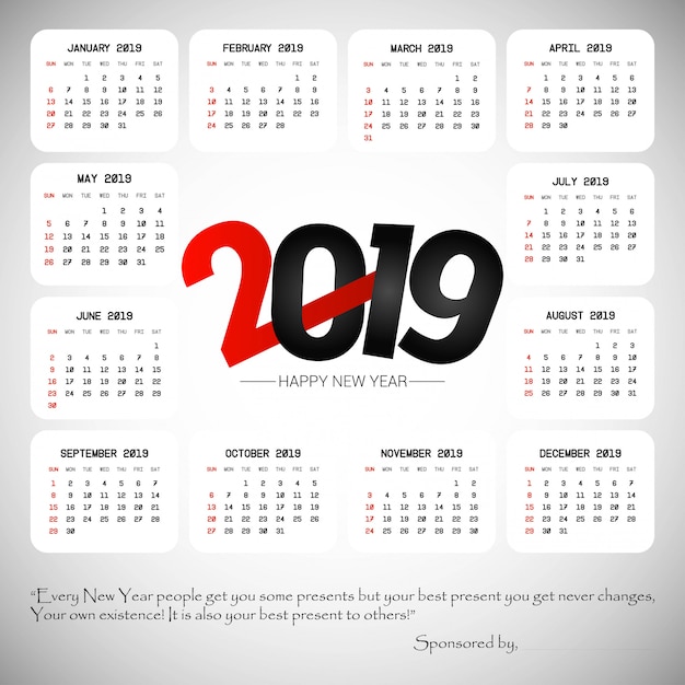 2019 kalenderontwerp met lichte vector als achtergrond Gratis Vector