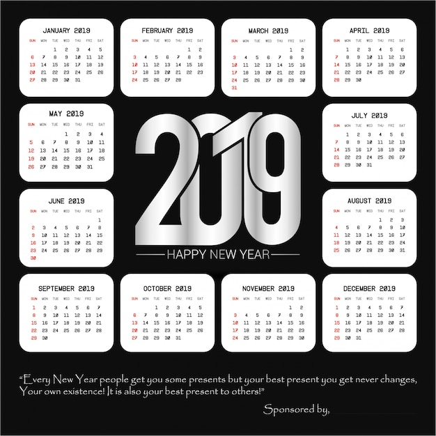 2019 kalenderontwerp met zwarte vector als achtergrond Gratis Vector