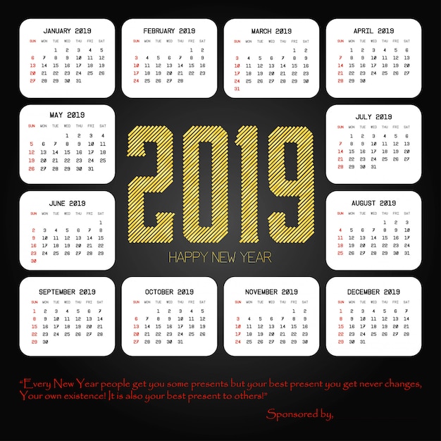 2019 kalenderontwerp met zwarte vector als achtergrond Gratis Vector