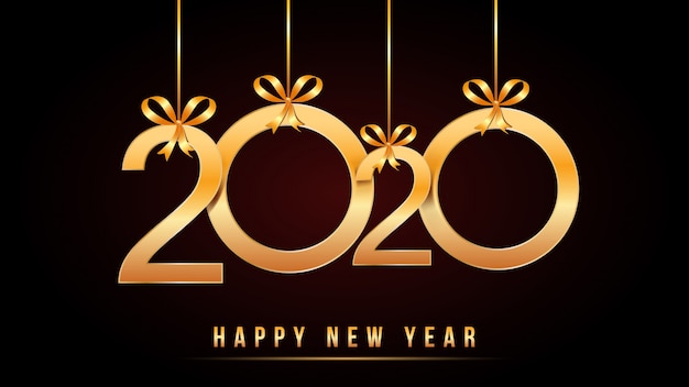 2020 happy new year-tekst met gouden cijfers met hangende gouden cijfers en lintbogen die op zwarte worden geïsoleerd Premium Vector