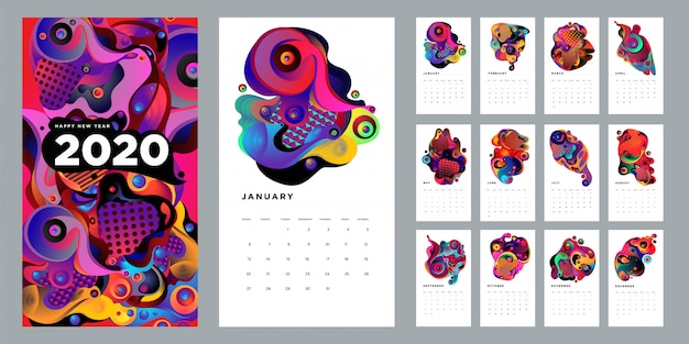 2020 kalender ontwerpsjabloon met kleurrijke abstracte vloeibare en geometrische achtergrond Premium Vector