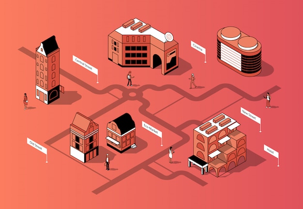 3d isometrisch stadscentrum. stedelijke kaart Gratis Vector