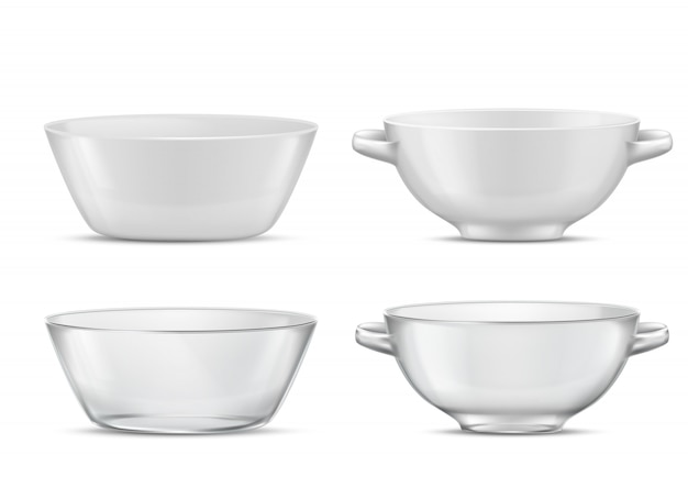 3d-realistische set transparant servies of witte porseleinen terrines met handgrepen glas of porselein Gratis Vector