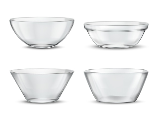 3d-realistische transparante servies, glazen gerechten voor verschillende gerechten. containers met schaduwen Gratis Vector