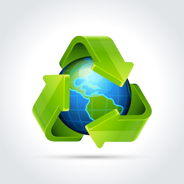 3d-recycle pijlen pictogram en earth globe vectorillustratie Premium Vector
