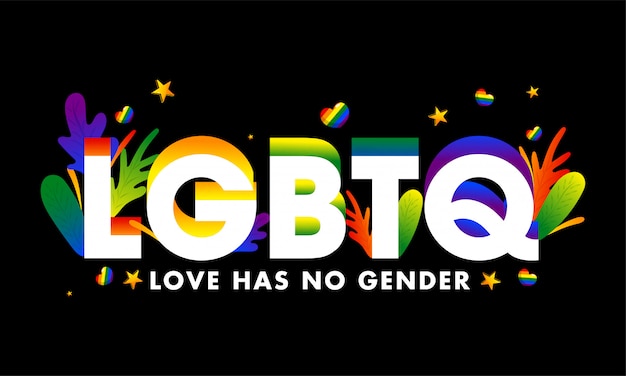 3d tekst lgbtq versierd met kleurrijke bladeren op zwarte achtergrond Premium Vector