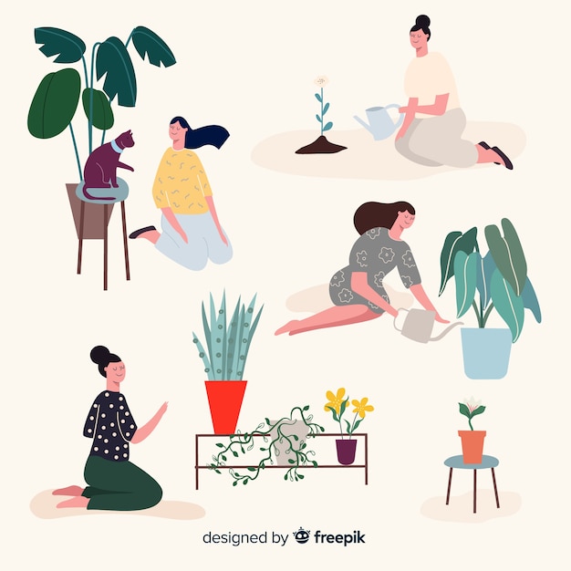 Aantal mensen die voor planten zorgen Gratis Vector