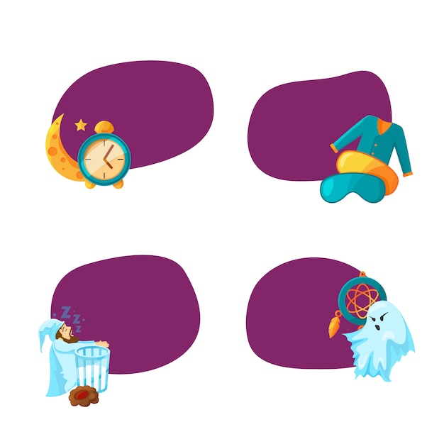 Aantal stickers met plaats voor tekst met cartoon slaap elementen illustratie Premium Vector